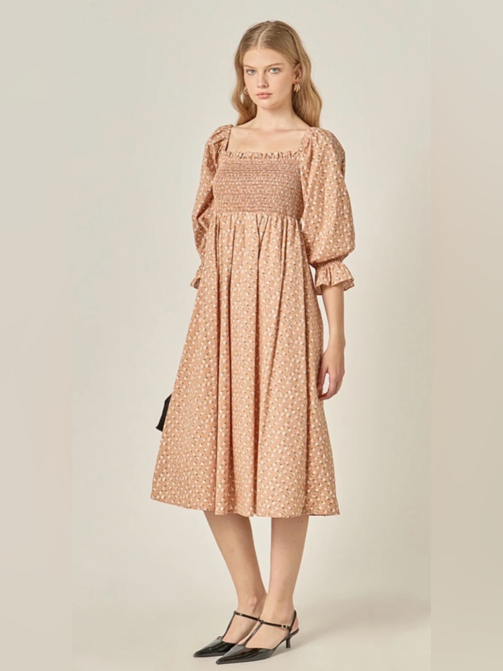 English Factory Floral Smocked Midi Dress Cottagecore Coquette Milkmaid Feminine